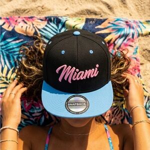 Miami Pink Script Snapback Hat Black Blue Brim Embroidered City Cap Streetwear